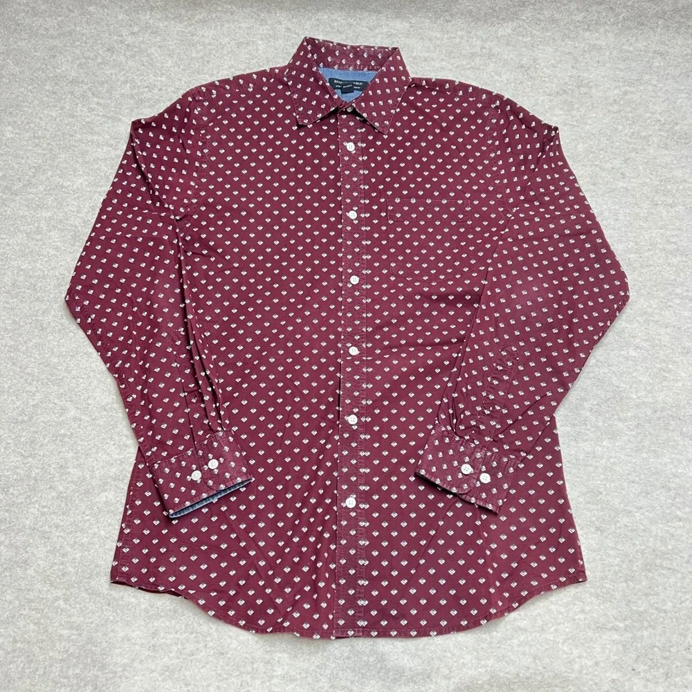 Banana Republic Mens Stretch Soft Wash‎ Slim Shirt Medium Burgundy Geometric GUC